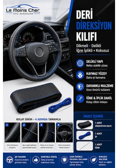 Fiat Uno Fire Mavi Deri Direksiyon Kılıfı Dikmeli Delikli İğne İplikli Kokusuz