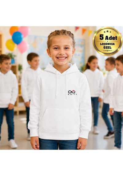 Bk Kurumsal Logonuza Özel 5 Adet Beyaz Cepli Kapşonlu Çocuk Sweatshirt - Kurumsal Okul Sweat 5-6 Yaş