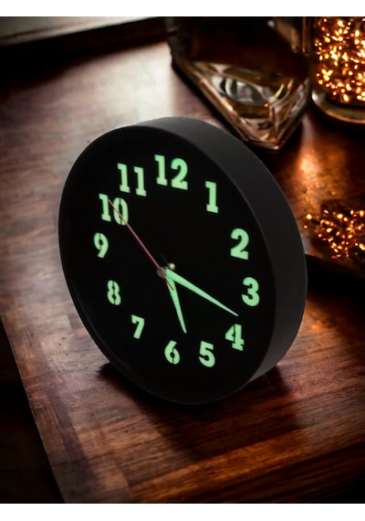 Fosforlu Gece Görünen Parlayan Siyah Duvar Saati Çap 22 Cm Camsız Siyah