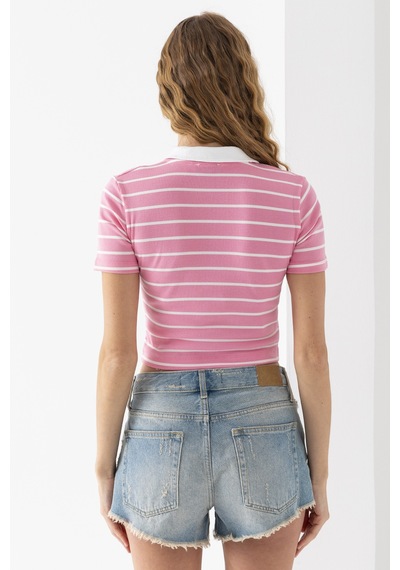 Giysa Kadın Polo Yaka Çizgili Pamuklu T-shirt Pembe Beyaz - 25795 Pembe - Beyaz Giysa Kadın Polo Yaka Çizgili Pamuklu T-shirt Pembe Beyaz - 25795 Pembe - Beyaz