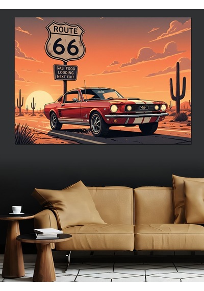 Route 66 Kırmızı Retro Araba Ve Vahşi Batı Yol Manzarası Dekoratif Kanvas - Mdf Ahşap Tablo