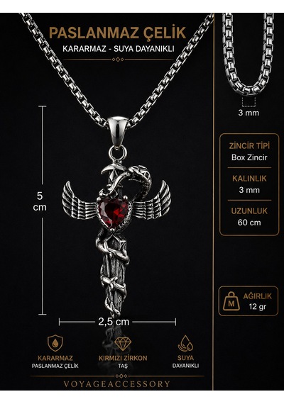 Paslanmaz Çelik Kırmızı Zirkon Taşlı Yılan Kanat Detaylı Gotik Kadın Kolye