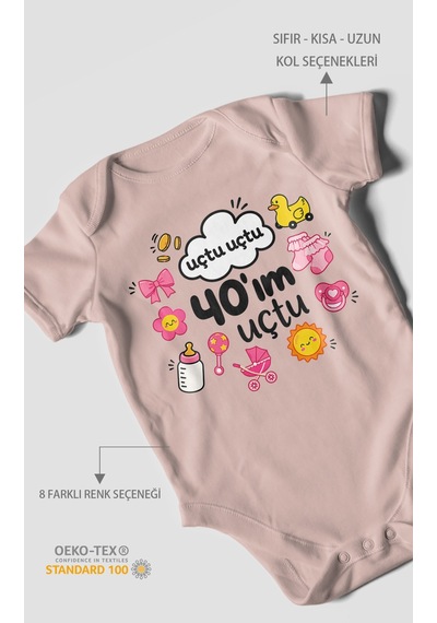 Morivokids Uçtu Uçtu 40'ım Uçtu Kısa Kollu Bebek Body %100 Pamuk Pastel Pembe