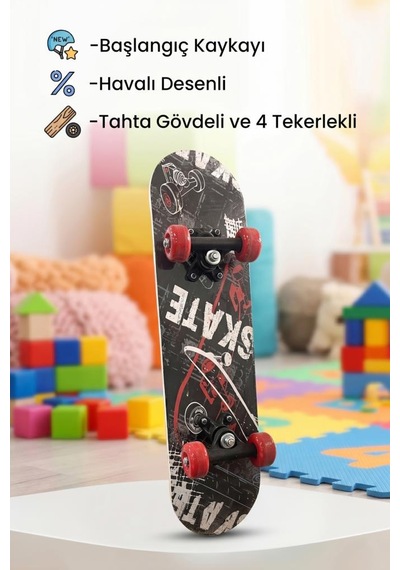 Skate Desenli Rulmanlı 4 Tekerlekli Başlangıç Kaykayı Konforlu Eğlenceli Ahşap Çocuk Skateboard Kırmızı