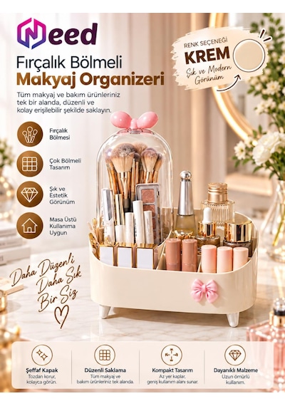 Need Şeffaf Kapaklı Toz Korumalı Fırçalık Bölmeli Makyaj Organizeri Kozmetik Düzenleyici Krem Nd-8069-crm