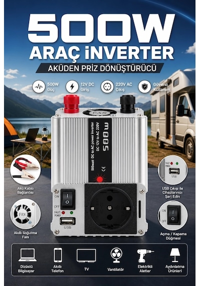 Fanlı 500w Dc Ac İnverter 12v Akü Girişi 220v Priz Usb Çıkışı Taşınabilir Dönüştürücü