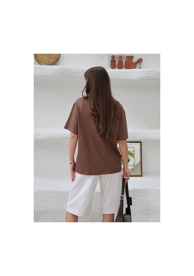 Paw Garage Kadın Mia İnterlok Kumaş Bisiklet Yaka Oversize T-shirt Kahverengi