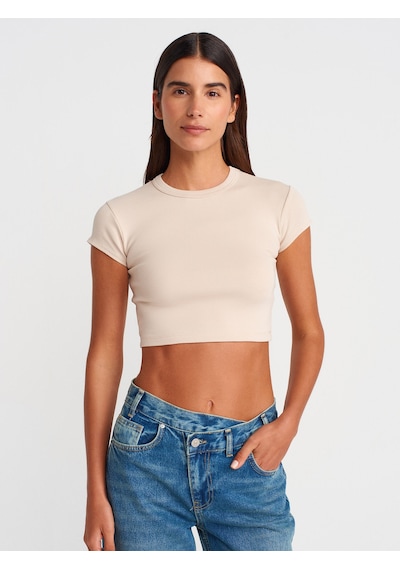 Dilvin 31810 Bisiklet Yaka Crop T-shirt-bej Bej