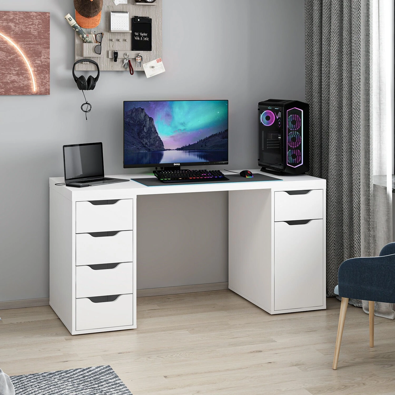 Alen 150 Cm 5 Çekmeceli Dolaplı Çalışma & Oyuncu Masası - Beyaz Beyaz