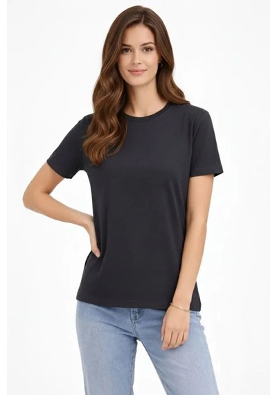 Yake Store Bisiklet Yaka Tişört Regular Kalıp Basic Pamuklu Günlük Kullanım T-shirt - Füme - Füme siyah