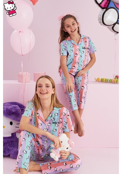 Siyah İnci Lisanslı %100 Pamuk Çok Renkli Düğmeli Pijama Takım