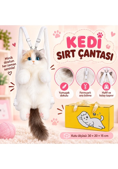 NessiWorld Büyük Kedi Sırt Çantası Sarı Beyaz