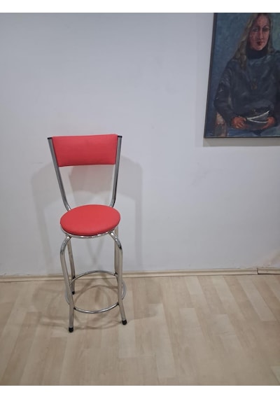 Sandalye Bar Tabure 90676 Model Kırmızı Suni Deri Döşem Metal Krom Kaplama 1 Adet