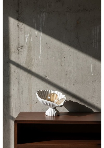 İstiridye Abajur Beton Dokulu Modern Gece Lambası Dekoratif Masaüstü Aydınlatma 25 X 20 Cm Beyaz