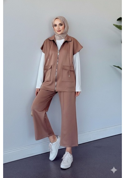 Unika Boutique Kadın Yelek Pantolon İkili Tesettür Takım Scuba Rahat Kesim 4 Mevsim - Günlük Vizon