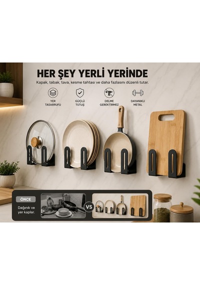 4'lü Metal Mutfak Düzenleyici Seti Yapışkanlı & Vidalı Kapak Tutucu, Kesme Tahtası Organizeri, Tabak Ve Barda Çok Renkli