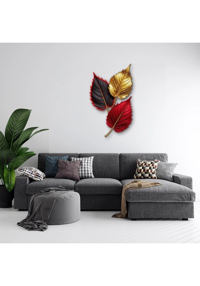 Altın Ve Kırmızı Üç Yaprak - Metal Tablo - Dec0265 48 X 80 Cm Çok Renkli