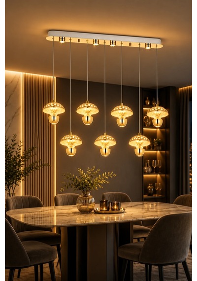 Modern Premium Gold 7'li 3 Renkli Ledli Sarkıt Avizesi Uzun Mutfak Yemek Masası Üstü Modelleri 30w