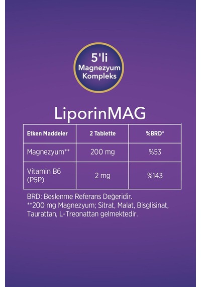 Liporinmag Magnezyum Complex Sitrat, Malat, Bisglisinat, Taurat, L-treonat B6 200 Mg 60 Tablet