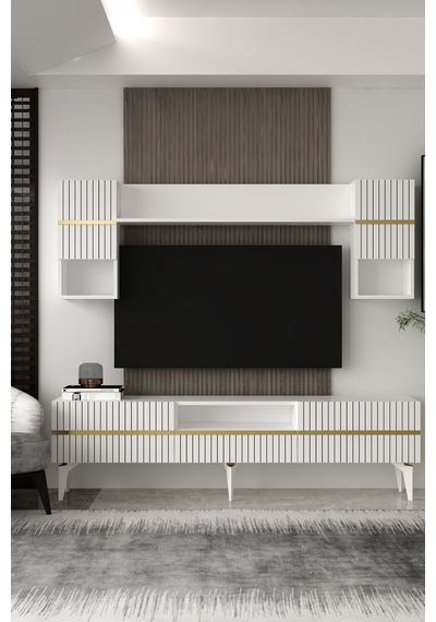 180dhdtüç5ba Tedy Lazer Pleksi Desenli Tv Ünitesi Takımı Beyaz-altın