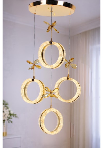 4'lü Alyans Gold 3 Renk Modlu Kristal Taşlı Ledli Avize Altın