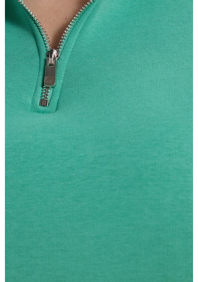 Tudors Kadın Relax Fit Rahat Kesim Pamuklu İçi Polarlı Yarım Fermuarlı Yeşil Dik Yaka Sweatshirt-41657