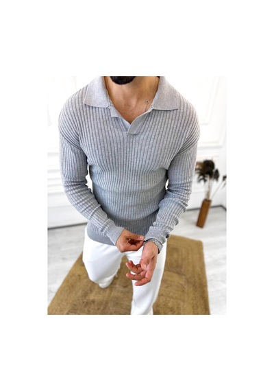 Elku Moda Kazak Slim Fit Polo Yaka Fitilli Yumuşak Dokulu Tüylenmez Sweatshirt Gri