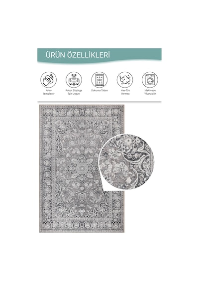 Artloop Stonart Eskitme Vintage Desenli Gri Otantik Yıkanabilir Şönil Halı Al 451 Gri 5