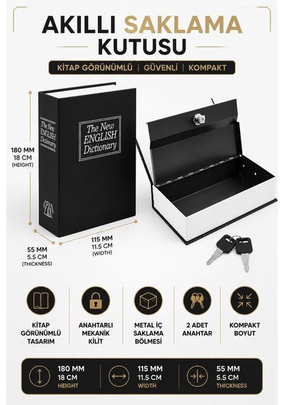Lexroo Kitap Görünümlü Gizli Kasa, Anahtarlı Kilitli Saklama Kutusu