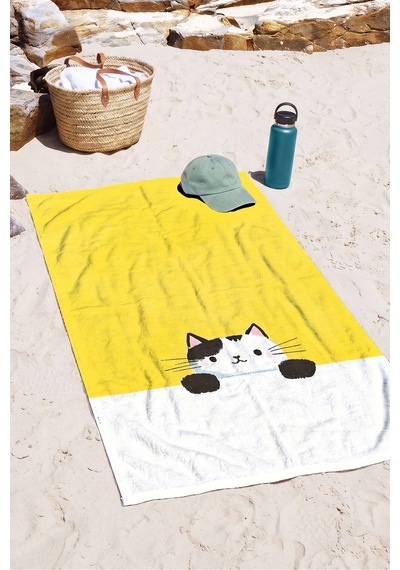 Kedi Figürlü Sarı Çocuk Plaj Havlusu - Sevimli Minimalist Beyaz Çocuk Hızlı Kuruyan Mikrofiber Havlu Pastel Melon