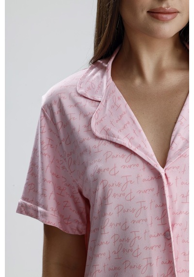 Kompedan Kadın Önden Düğmeli Pijama Takım Pembe Paris Pmb Paris