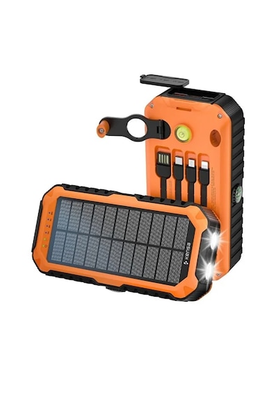 Güneş Enerjili Powerbank 20.000 Mah Taşınabilir Şarj Dahili Kablo Solar Şarj Cihazı Siyah - Turuncu