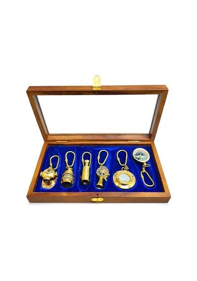 Ahşap Kutulu Denizci Temalı Pirinç Anahtarlık Seti Key-0285 Altın