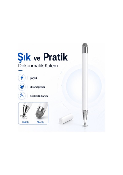 Samsung Galaxy Tab A9+ Plus X210 İle Uyumlu Çift Uçlu Dokunmatik Kalem Disk Fiber Uç Beyaz