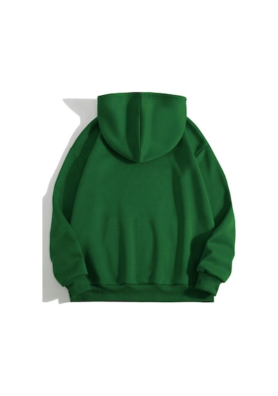 Unisex Siyah Yeşil Kalp Baskılı Oversize Kapşonlu Sweatshirt Yeşil