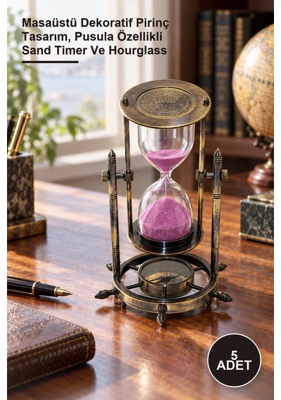 5 Adet Pirinç Pusulalı Kum Saati Masaüstü Dekoratif Pirinç Tasarım, Pusula Özellikli Sand Timer Ve Hourglass