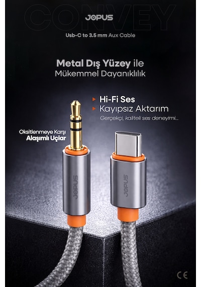 Jopus İphone Android Uyumlu - Type-c To 3.5mm Aux Kablo - Tak Çalıştır Aux Örgülü - 1 Metre - Ja-05