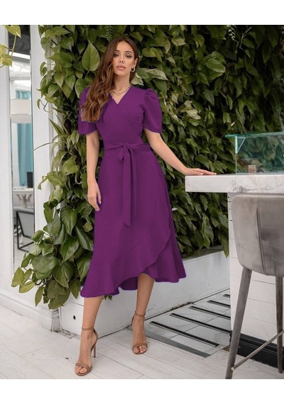 Tua Moda Kadın Kruvaze Yaka Midi Boy Kuşaklı Krep Elbise 120 Cm Mürdüm