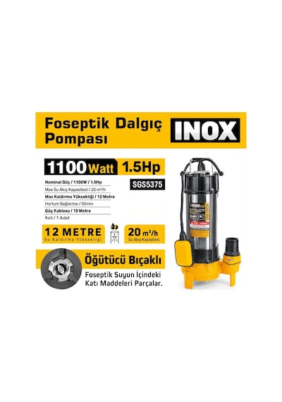 Sgs5375 - 12 Metre 1.5 Hp İnox Foseptik Dalgıç Pompa Parçalayıcı Öğütücü Bıçaklı 1100 Watt