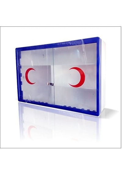 Sürgülü Hilalli 45x30cm Camlı Kapaklı Raflı Lacivert Ecza Kutusu
