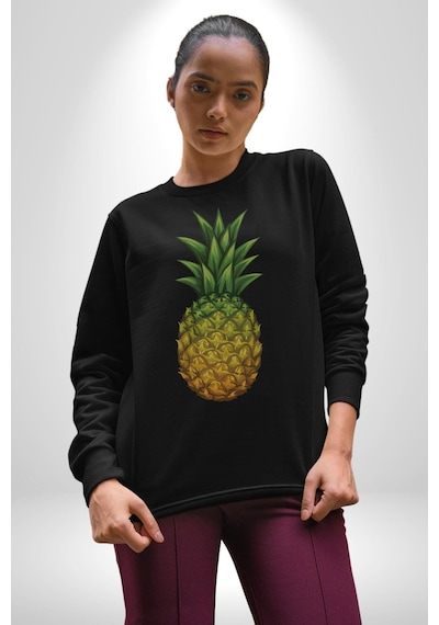 Ananas Meyve Unisex Siyah Baskılı Sweatshirt Siyah