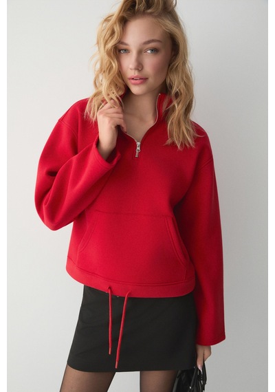 ETHIQUET BE AGIO Kadın Organik Pamuklı Kanguru Cepli Yakası Fermuarlı Kırmızı Sweatshirt