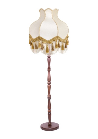 Beyaz Kadife Gold Detaylı Başlık Kahverengi Ahşap Ayaklı Lambader Vintage Model 170x45cm