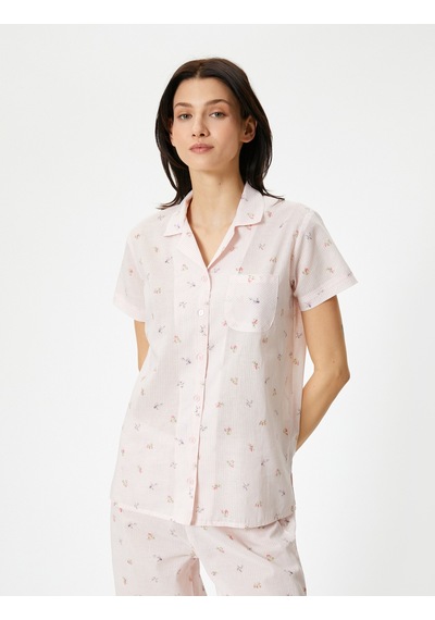 Koton Düğmeli Pijama Üstü Çiçekli Kısa Kollu Cepli Pembe Desenli 4slk50032mw Pembe Desenli Pembe