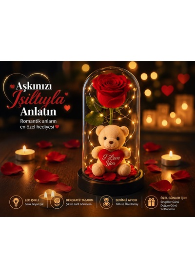 Led Işıklı Fanusta Yapay Gül Ve Lüks Peluş Ayıcık Dekoratif Romantik Sevgililer Günü Hediyesi 20 Cm Hediyelik Eşya