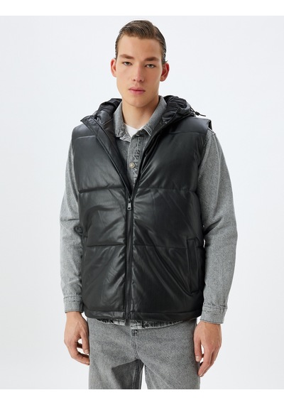 Koton Şişme Yelek Slim Fit Kapşonlu Fermuarlı Cepli Siyah 5wam20043hw