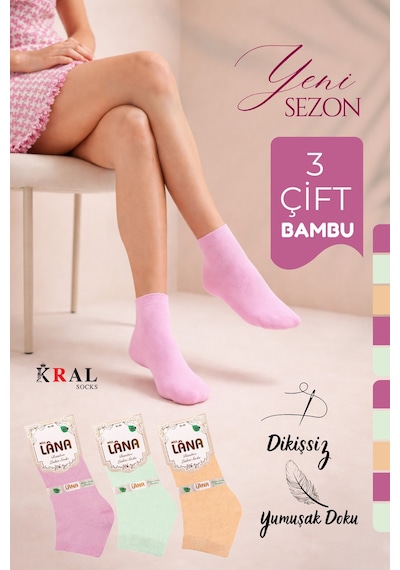 Kral Socks Kadın Bambu Patik 3 Adet Görünmez Dikişsiz Kısa Yazlık Çorap Asorti