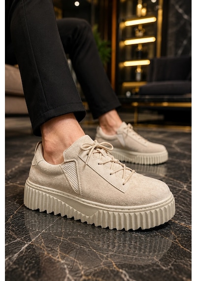 Mevese Dlob Erkek Bağcıklı Süet Günlük Casual Spor Sneaker Ayakkabı - Krem