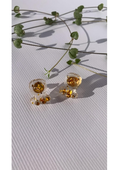 Şeffaf Gold Glitter Süslemeli Aslan Şekil Gold Aksesuarlı Epoksi Şeffaf