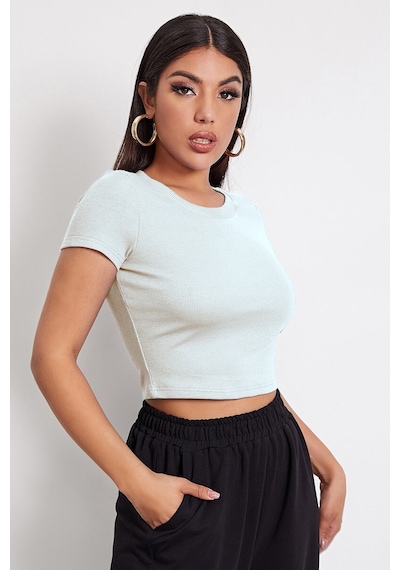 Kadın Beyaz Yuvarlak Yaka Yarım Kol Crop Top Bluz